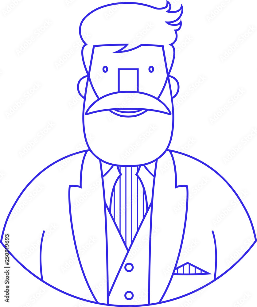 Icon vector portrait blue simple sign of bearded young smiling man in jacket and vest and necktie. Elegant hipster with beard and mustache isolated on white background Icon vector portrait blue simple sign of bearded young smiling man in jacket and vest and necktie. Elegant hipster with beard and mustache isolated on white background