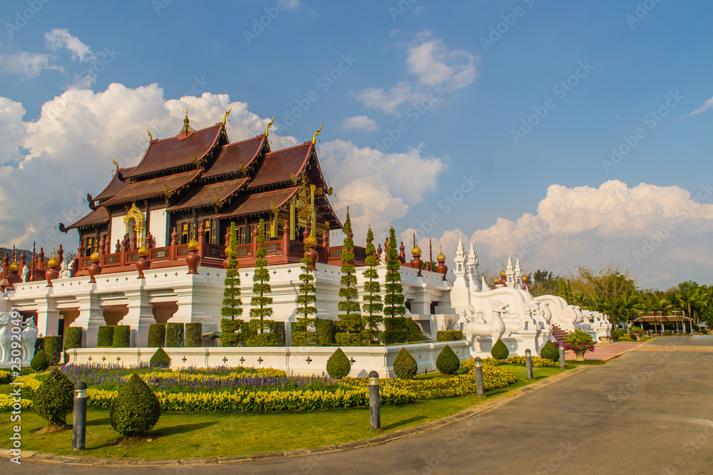 Beautiful architectural of Ho Kham Luang, the royal pavilion in lanna style building at the royal flora international horticulture exposition (Ratchaphreuk) in Chiang Mai,Thailand.
