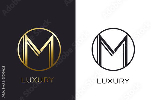 Logo M Monogram gold letter seal, mockup elegant business card. Vector Illustration