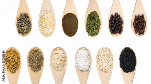 Set of various spices and food ingredients isolated on white background. High resolution