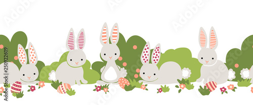 Easter bunny seamless vector border. Cute bunnies, Easter eggs, flower bushes repeating background. Cartoon style rabbits hiding eggs. Digital paper, kids fabric, web banner, card decor, Easter card