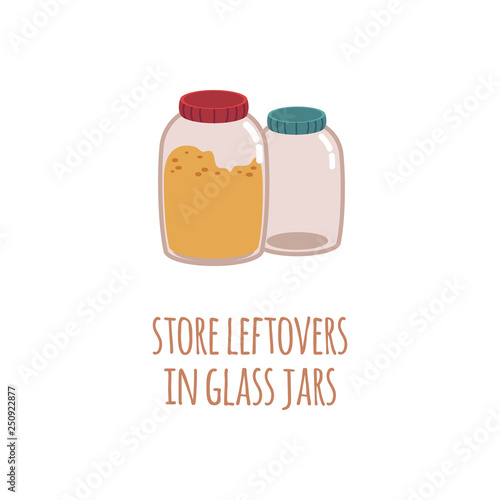 Two glass jars for storage of food residues in a flat style with text Store leftovers in glass jar.