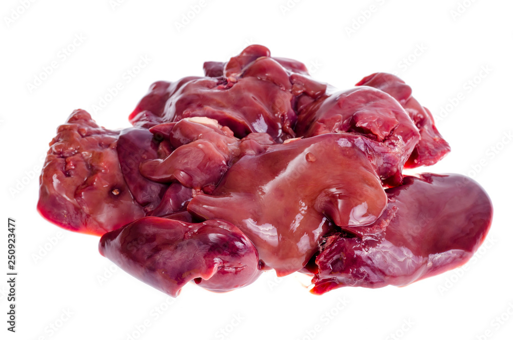 Obraz premium Raw fresh chicken livers isolated on white background.