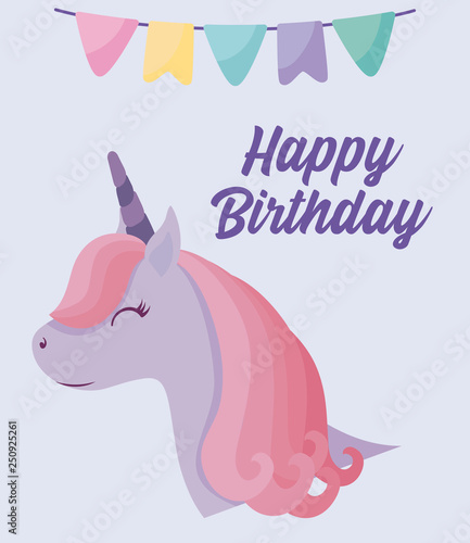 happy birthday card with cute head unicorn