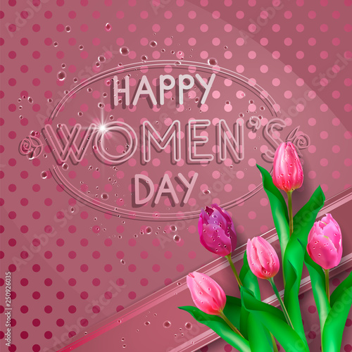 Composition with a bouquet of tulips, with a wide decorative ribbon with drops on a polka dot background. Beautiful greeting card or banner for Women's Day.
