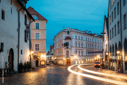 Tallinn, Estonia. Evening View Of Old Restaurant, Intersection Of Vene And Viru Streets In Night Illuminations