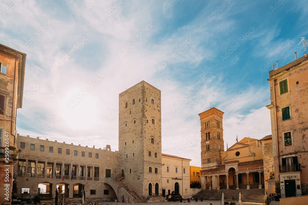 Terracina, Italy. Tower Of Cathedral Of San Cesareo And Town Hall In Sunny Day