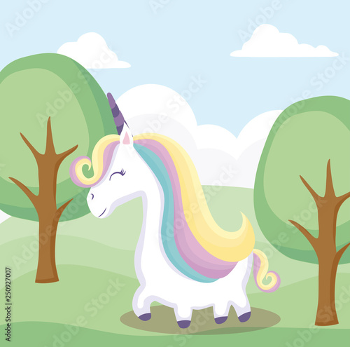 cute unicorn animal with landscape