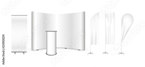 Vector exhibition promo set. Curved pop up trade show stand display, promotion retail counter or bar rounded table, roll up banner and feather advertising promo beach bow flags isolated on white.