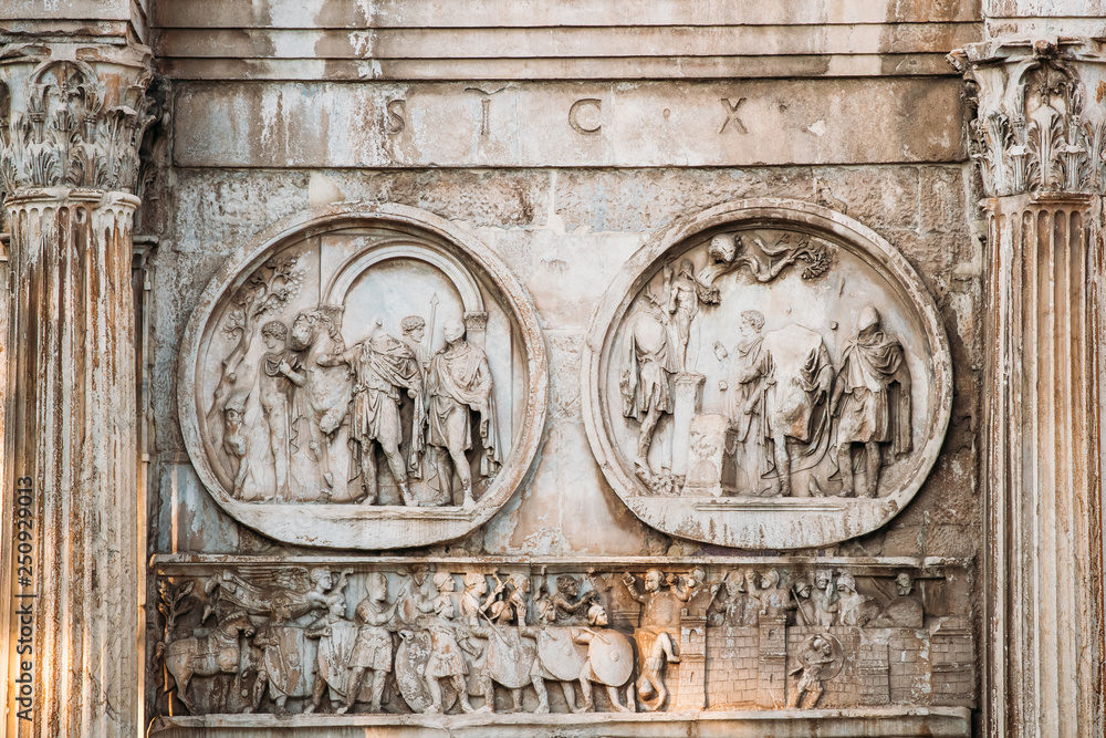 Rome, Italy. Details Of Arch Of Constantine. Bas-relief On Facade Of Triumphal Arch