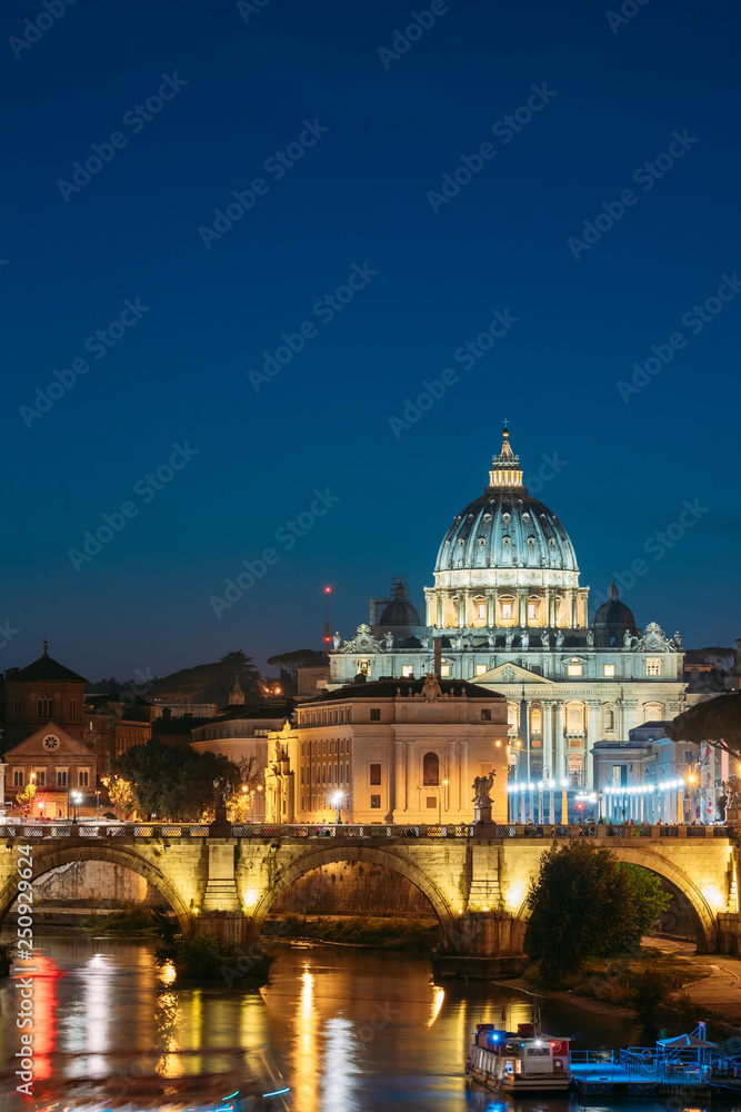 Rome, Italy. Papal Basilica Of St. Peter In The Vatican And Aelian Bridge In Evening Night Illuminations