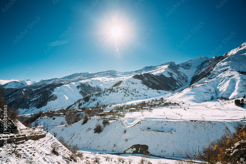 Zemo Mleta, Mtskheta-Mtianeti Region, Georgia. Village Zemo Mleta During Sunny Winter Day. Beautiful Georgian Mountains Landscape In Winter