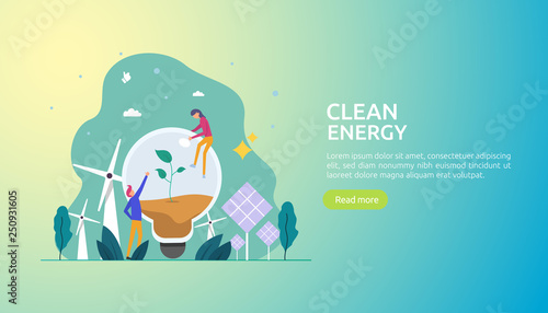green clean energy sources. renewable electric sun solar panel and wind turbines. environmental concept with people character. web landing page template, banner, presentation, social, and print media.