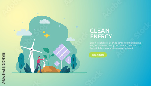 green clean energy sources. renewable electric sun solar panel and wind turbines. environmental concept with people character. web landing page template, banner, presentation, social, and print media.