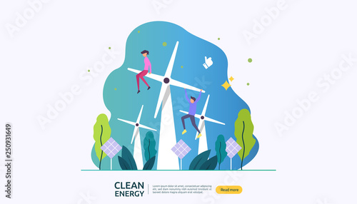 green clean energy sources. renewable electric sun solar panel and wind turbines. environmental concept with people character. web landing page template, banner, presentation, social, and print media.