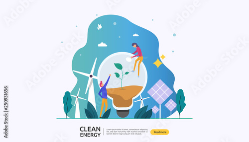 green clean energy sources. renewable electric sun solar panel and wind turbines. environmental concept with people character. web landing page template, banner, presentation, social, and print media.