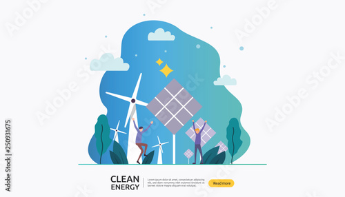 green clean energy sources. renewable electric sun solar panel and wind turbines. environmental concept with people character. web landing page template, banner, presentation, social, and print media.