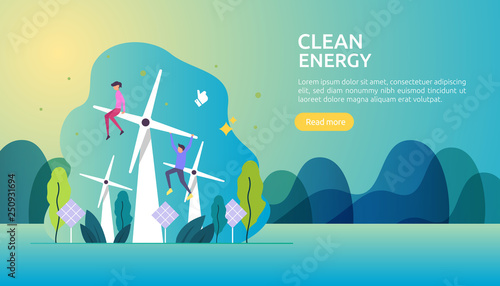 green clean energy sources. renewable electric sun solar panel and wind turbines. environmental concept with people character. web landing page template, banner, presentation, social, and print media.