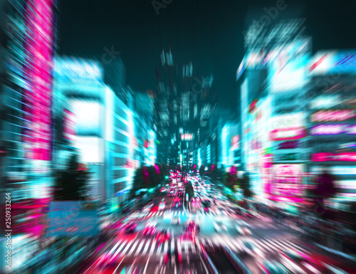 Zoom Effect of Night Time Traffic in Shinjuku District, Tokyo, Japan with a Retro Synthwave Color Effect