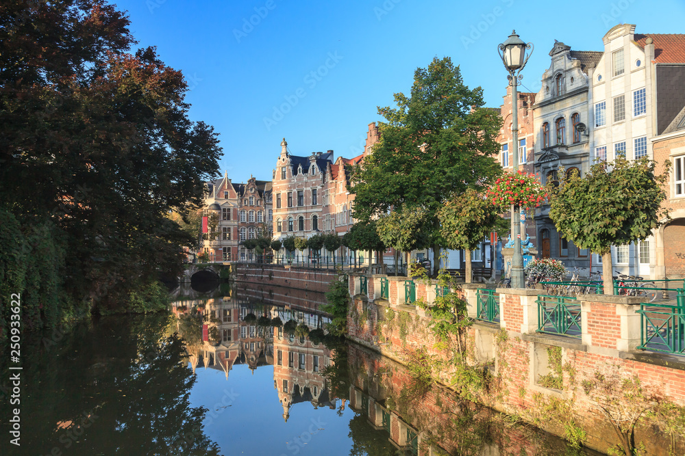 Old buildings over canal in Lier city, Antwerp province in Belgium