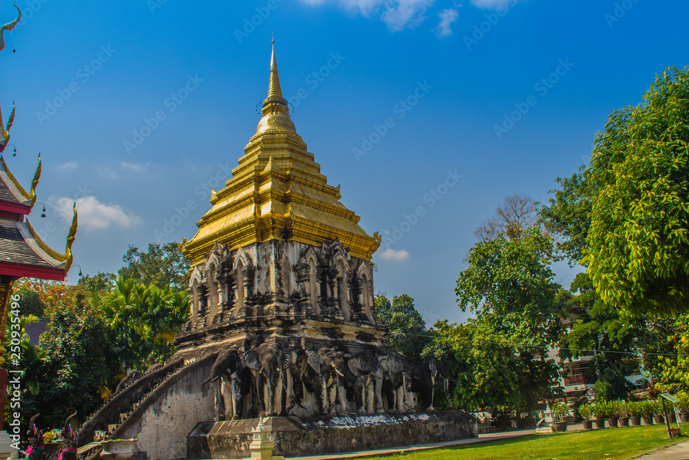 Fototapeta premium Old elephant chedi with golden top pagoda at Wat Chiang Man or Wat Chiang Mun, the oldest temple in Chiang Mai, Thailand, built in 1296 by King Mengrai in Lanna-style with elephant-shaped buttresses.