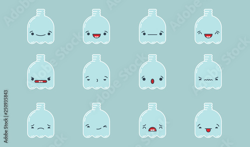 Set of vector kawaii empty plastic bottle emoticons. Isolated on pale blue background.