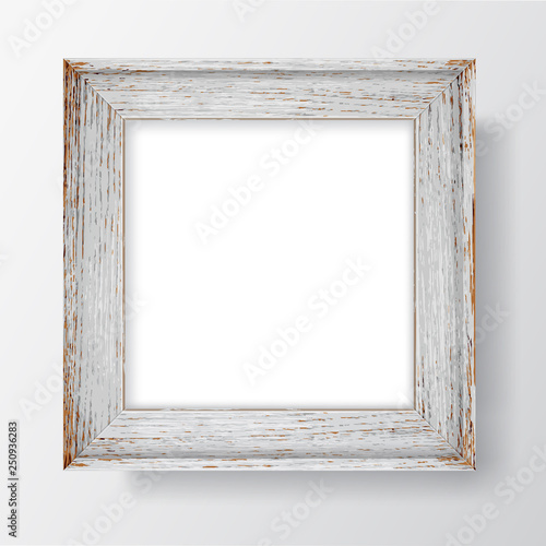 Square Blank wooden flaky frame on white wall. Vector template © Kazyavka