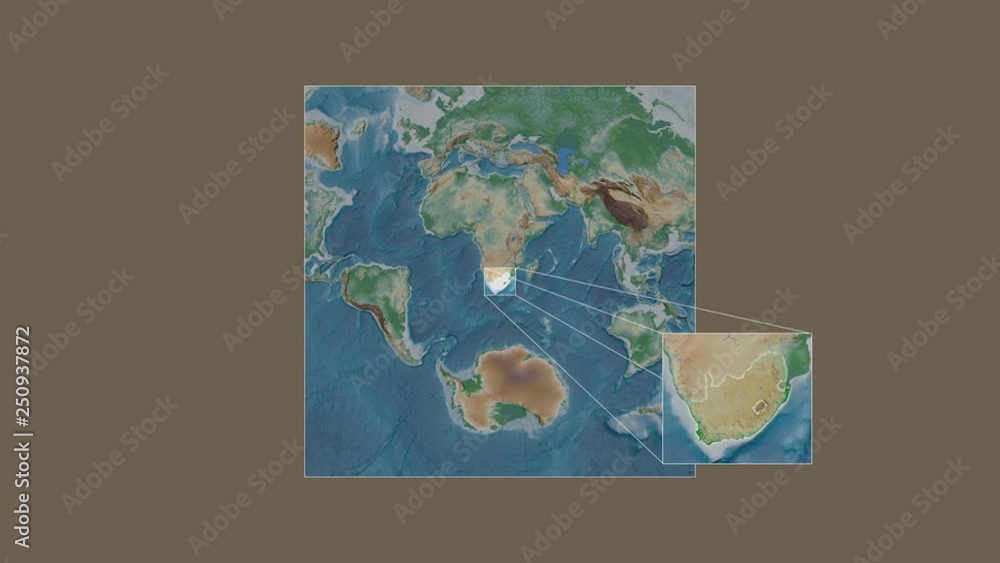 South Africa area framed and extracted from the global physical map in the van der Grinten I projection with animated oblique transformation South Africa area framed and extracted from the global physical map in the van der Grinten I projection with animated oblique transformation