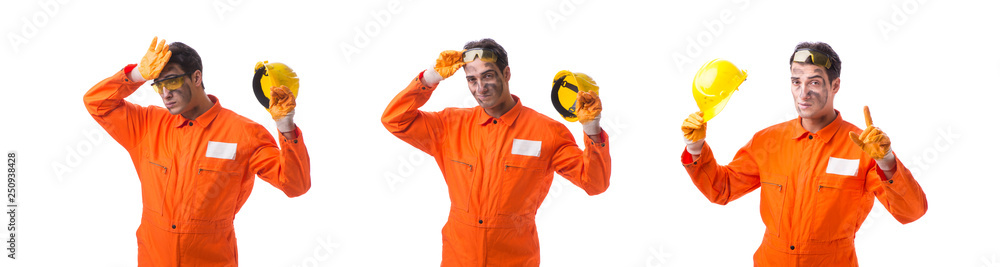 Contractor employee wearing coveralls isolated on white