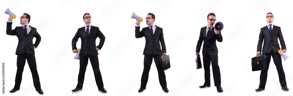 Male boss with megaphone isolated on white Male boss with megaphone isolated on white