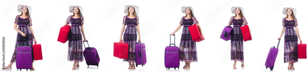 Young woman with suitcases isolated on white Young woman with suitcases isolated on white