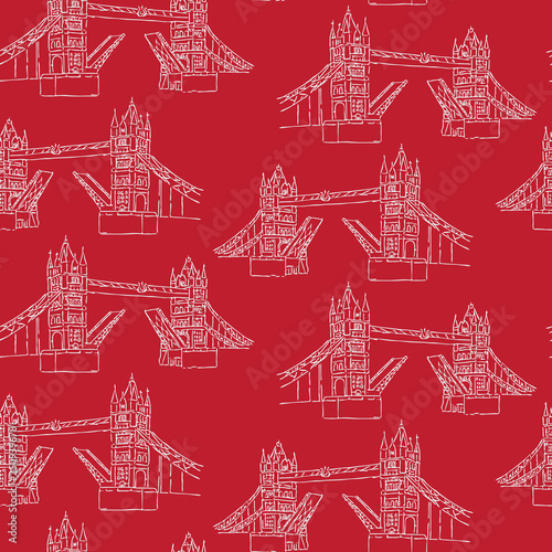 Sketchy London Tower Bridge seamless vector pattern. Famous historical british monument for travel vacation wallpaper, british uk sightseeing all over print. Drawbridge over river thames in red white.