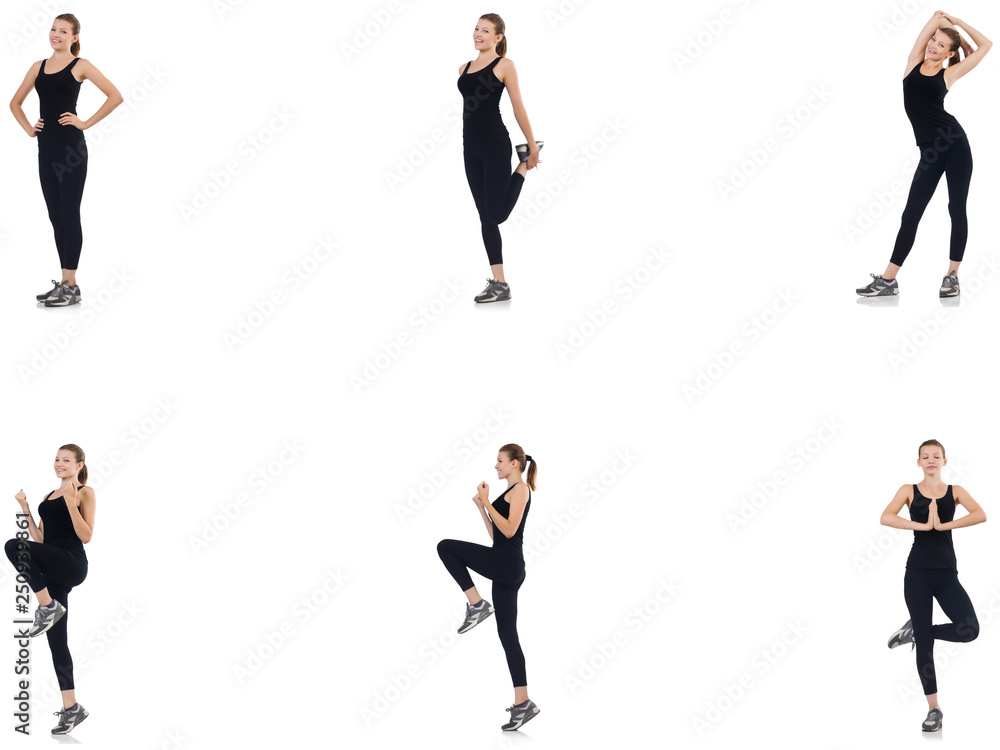 Young woman doing exercises isolated on white Young woman doing exercises isolated on white