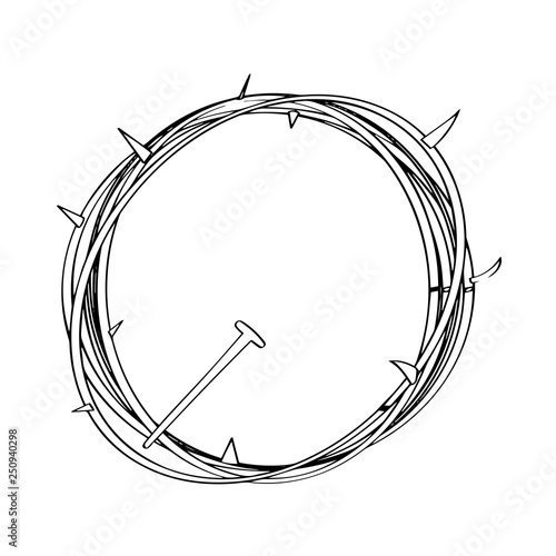 Outline of a crown of thorns with a nail. Holy week. Vector illustration design