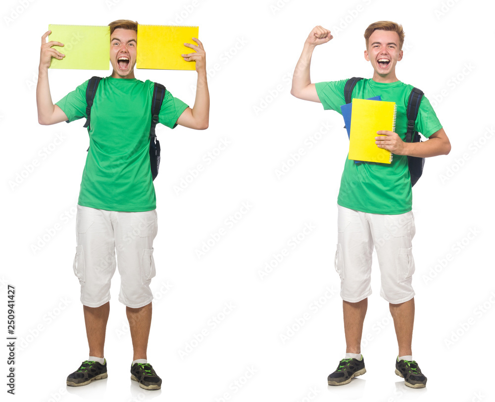 Young student with backpack and notes isolated on white Young student with backpack and notes isolated on white