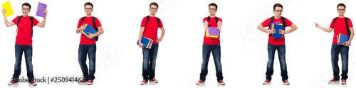Young student with backpack isolated on white 