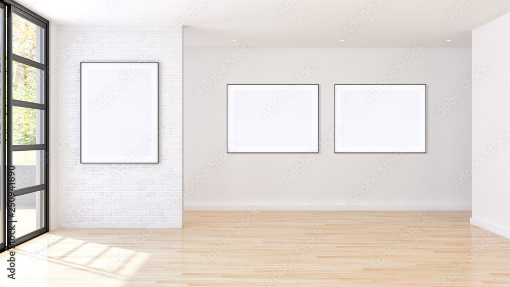 Fototapeta premium large luxury modern bright interiors with mock up poster frame illustration 3D rendering