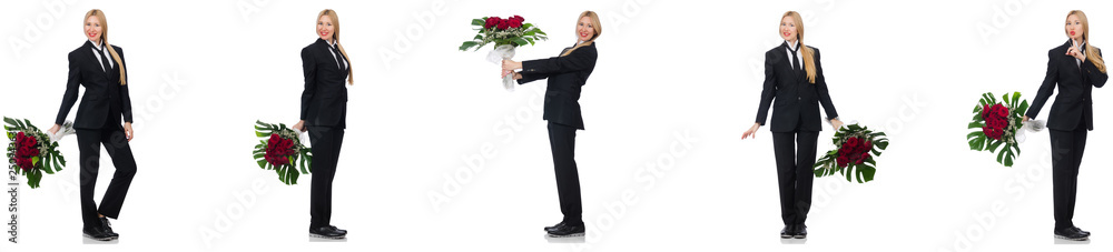 Businesswoman with bunch of flowers isolated on white Businesswoman with bunch of flowers isolated on white