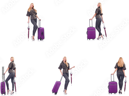 Young beautiful woman with suitcase and umbrella isolated on whi