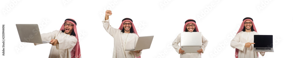 Arab man with laptop isolated on white Arab man with laptop isolated on white