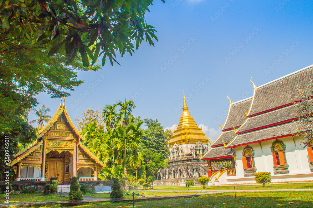 Fototapeta premium Beautiful church and golden Lanna-style chedi supported by rows of elephant-shaped buttresses at Wat Chiang Man, oldest temple in Chiang Mai, Thailand, built in 1296 by King Mengrai of Lanna kingdom.