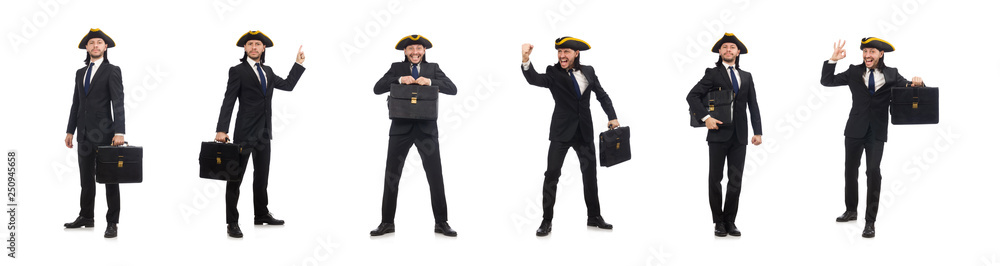 Businessman with tricorn and briefcase isolated on white Businessman with tricorn and briefcase isolated on white
