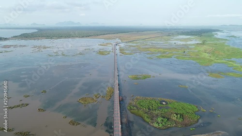 Aerial view Drone shot of Bridge(Ekachai bridge)Colorful Road bridge cross the lake at Talay Noi Lake in Phatthalung province Thailand photo