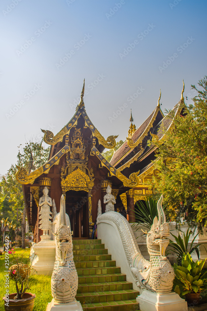 Beautiful Thai architecture Buddhist temple at Wat Ram Poeng (Tapotaram) temple, Chiang Mai, Thailand. Wat Rampoeng is one of famous place for studying meditation, not far from the Chiang Mai airport