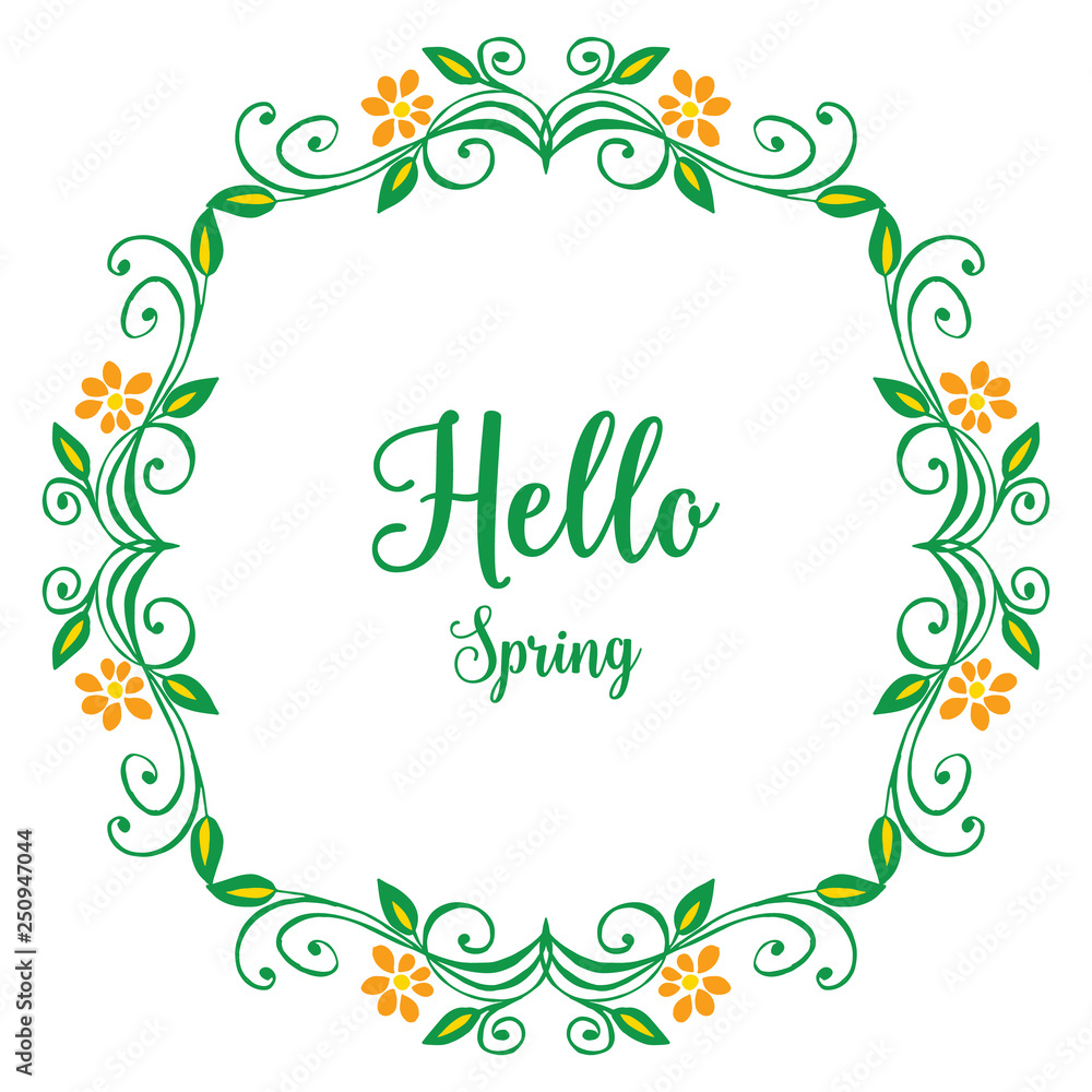 Vector illustration lettering hello spring with decorative of green leaves flower frames hand drawn