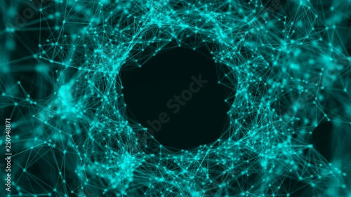 Fflying into technology, space tunnel with many connecting dots and lines, connection structure background, 3d rendering backdrop photo