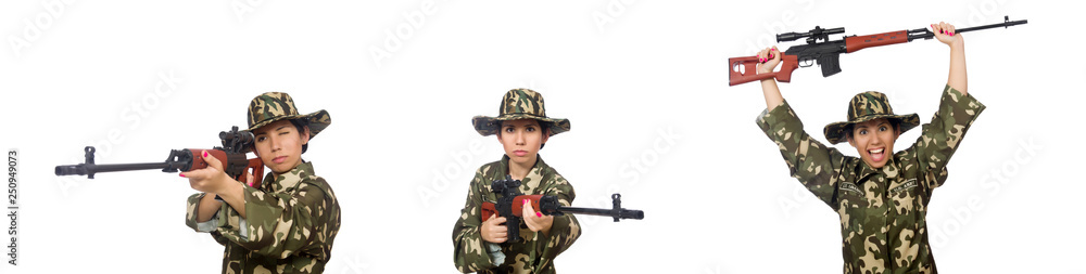 Fototapeta premium Woman with sniper weapong isolated on white