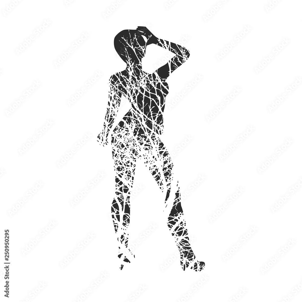 Business Woman Black Silhouette Standing Full Length Over White Background. Double exposure