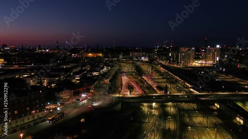 Aerial Denmark Copenhagen June 2018 Night 30mm 4K Inspire 2 Prores  Aerial video of downtown Copenhagen in Denmark at night. photo