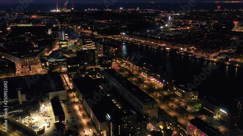 Aerial Denmark Copenhagen June 2018 Night 30mm 4K Inspire 2 Prores  Aerial video of downtown Copenhagen in Denmark at night. photo